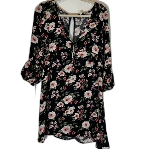 American Eagle Dress M Black Floral Long Ruffle Sleeve V-Neck Bohochic Romantic - Picture 1 of 5